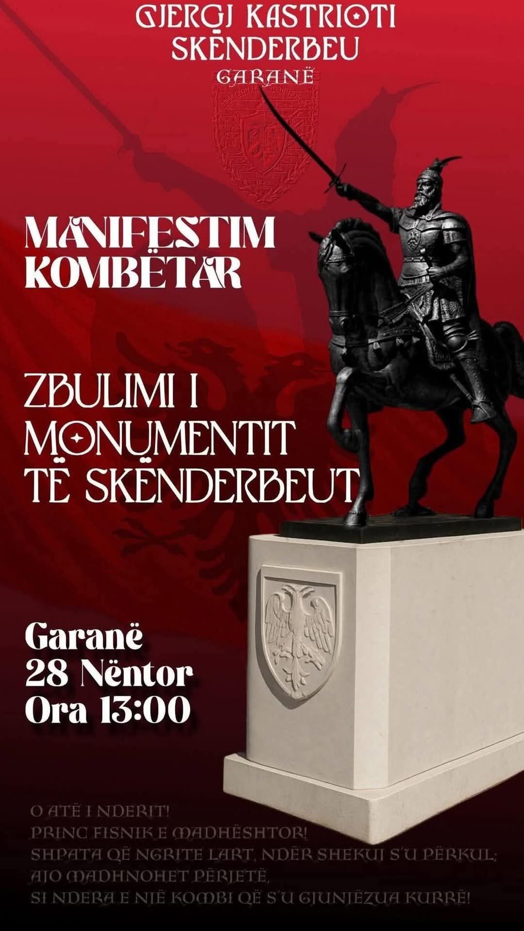 Shtatorja e Gjergj Kastriotit Skënderbeut do të inaugurohet më 28 Nëntor në Garanë të Kerçovës