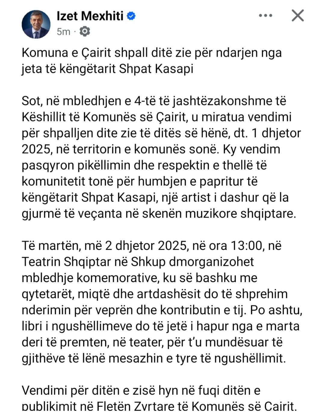 Komuna e Çairit shpall 1 dhjetorin ditë zie për nderë të Shpat Kasapit